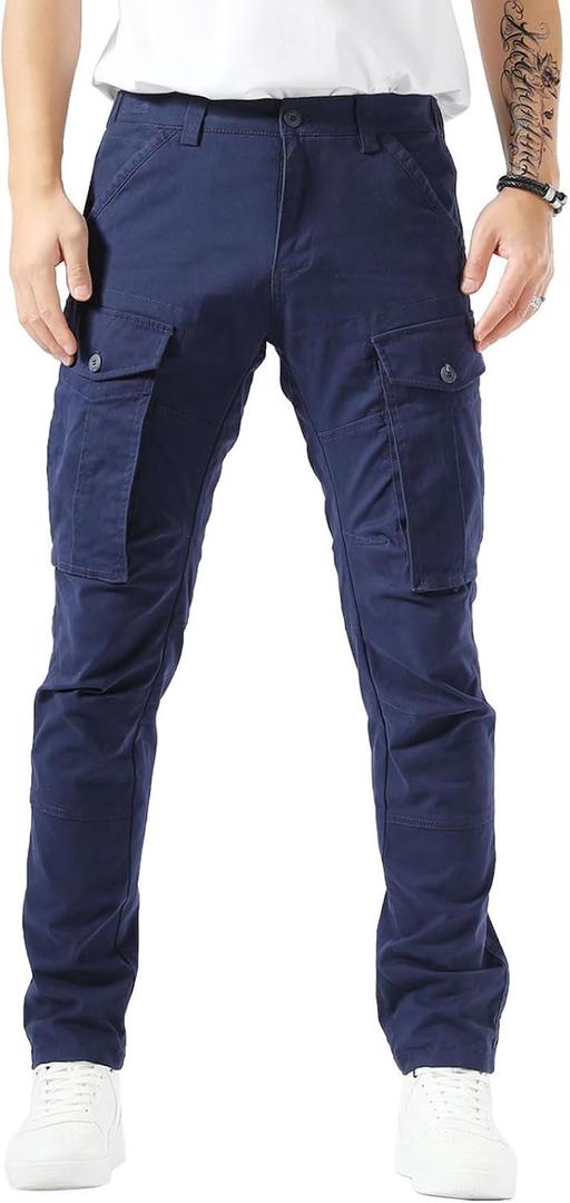Plaid&Plain Men's Cargo Pants Slim Fit with Articulated Knees (Blue, M)