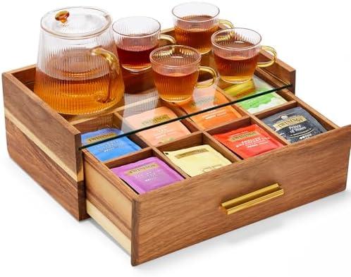 Acacia Wood Tea Bag Organizer, Tea Box with Storage Drawer, 8 Compartments Tea Organizer for Tea Bags with Glass Window, Coffee Pods and Tea Organizer Holder for Countertop, Tea Station Chest Display