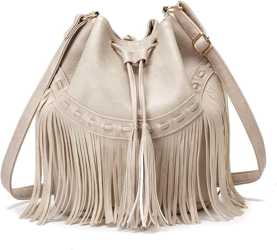 Leather Bucket Bags for Women Crossbody Fringe Purses with Drawstring Ladies Tassel Hobo and Shoulder Handbags (White)