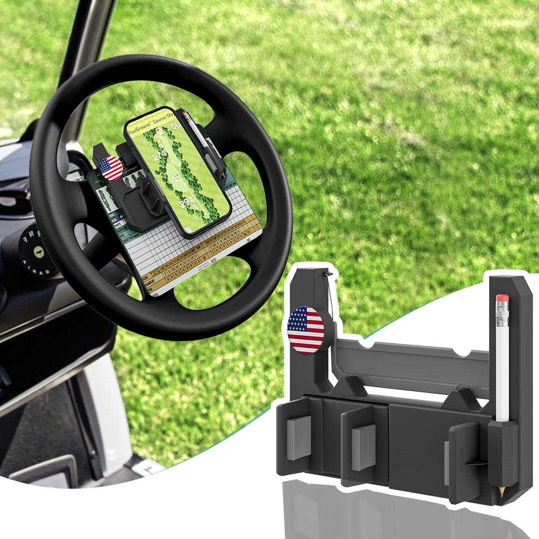 Golf Cart Steering Wheel Cell Phone Mount, Flip Up Phone Holder for Golf Cart Steering Wheel, Suitable for Club Car/EZGO/Yamaha Models, Mobile Phone Mount Wide 2"-3.5"