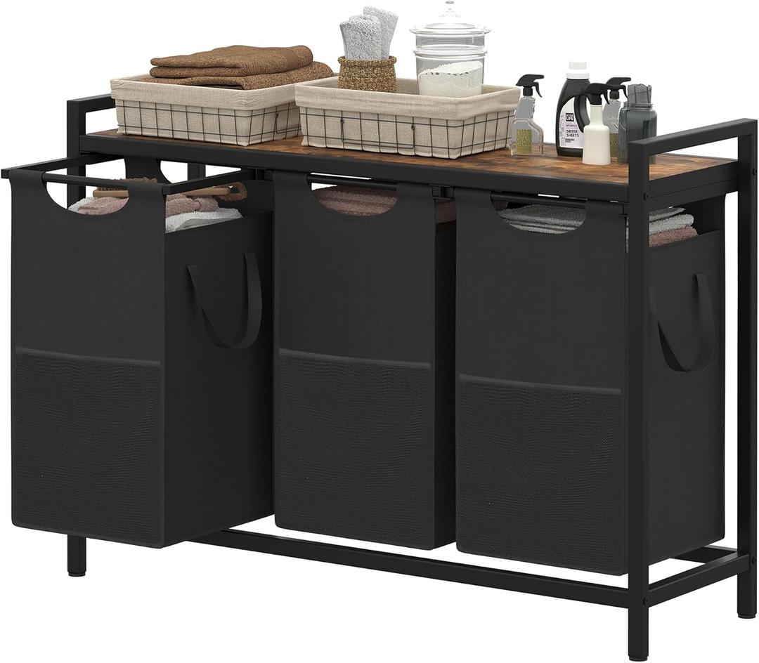 Heybly Laundry Hampers, 3  12.5 Gal Laundry Basket with Large Desktop Sorter for Laundry Room Organization, Bathroom and Dorm Laundry Bags on Storage Shelf, Rustic Brown HLH003SR