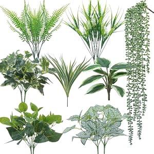 HO2NLE 16 Bundles Artificial Greenery Stems for Outdoors Faux Plants UV Resistant Fake Leaves Bushes with Hanging Plants for Outside Porch Window Box Home Garden Decor (13.8")