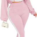 Vssjavun Women 2 Piece Outfit Color Block Long Sleeve Zip Drawstring Cropped Jacket Bodycon Long Pants Set Sweatsuit (XX-Large, Pink)