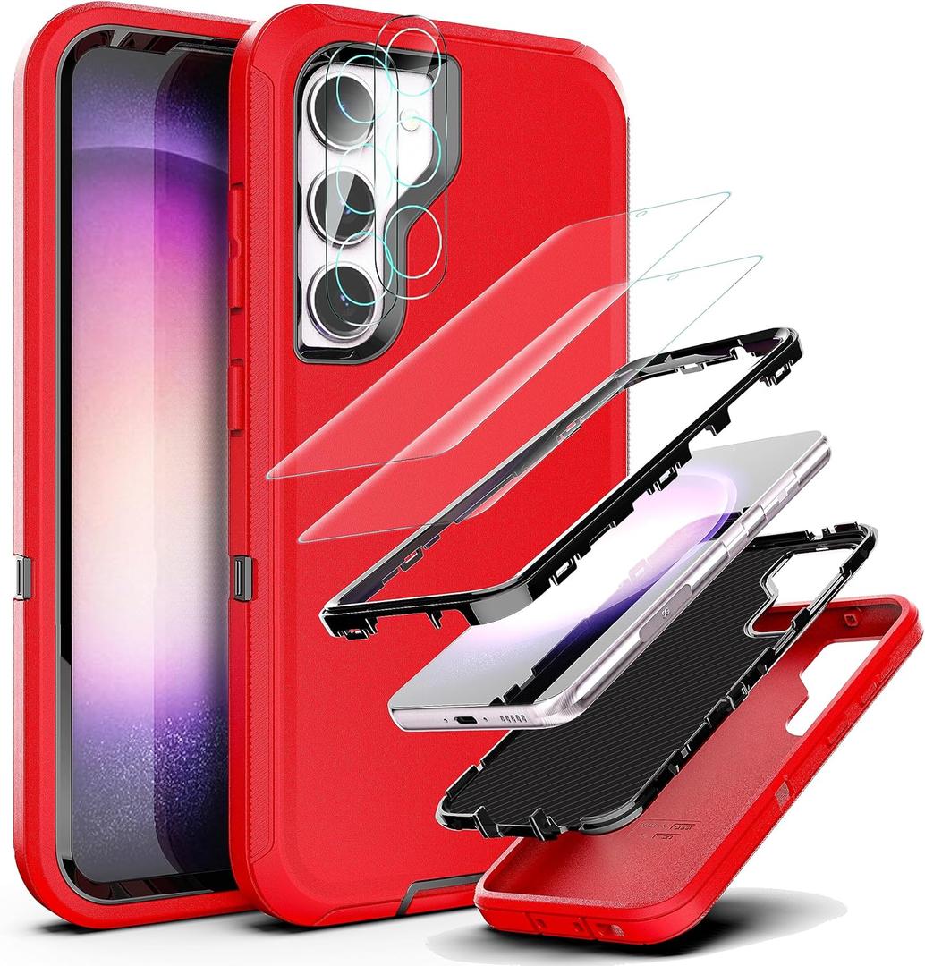 YmxhcY Case Designed for Galaxy S23 with Self Healing Flexible TPU Film[2 Pack] and Lens Protective Film[2 Pack],3-in-1 Heavy Protection Cover for Samsung Galaxy S23 6.1 D-Red and Black