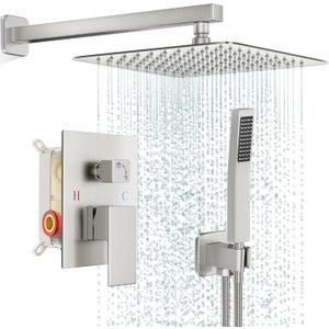 Shower Faucet Set Bathroom Square Rain Shower Head and Handle Set, Wall Mounted Shower Fixtures, Full Metal Trim Repair Kit 12 inch Brushed Nickel (With Shower Valve)