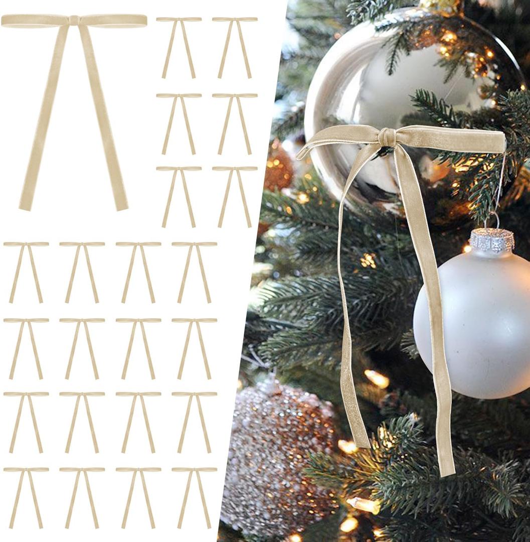 SIMISI RIBBON 24Pcs Champagne Christmas Velvet Ribbon Bows Decorations Xmas Ornaments Vintage Decor For Tree, Wreath, Garland (3/8'' Width, 5 * 7 Inch)