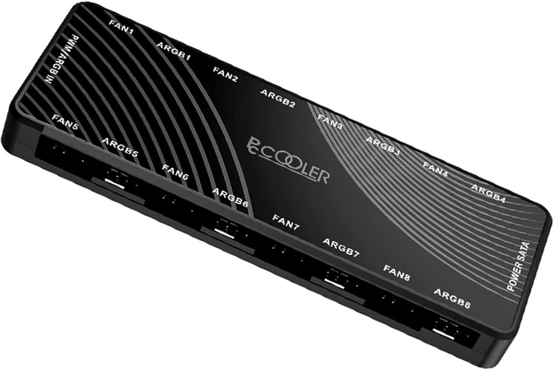 PCCOOLER ARGB Fan Hub, PWM ARGB Hub Addressable 5V 3Pin ARGB & 12V 4Pin PWM 2-in-1 RGB Case Fan Hub with Hidden Magnetic Base and SATA Power 16 Port, Support 8 Computer CPU Fans Splitter RGB Hub Black