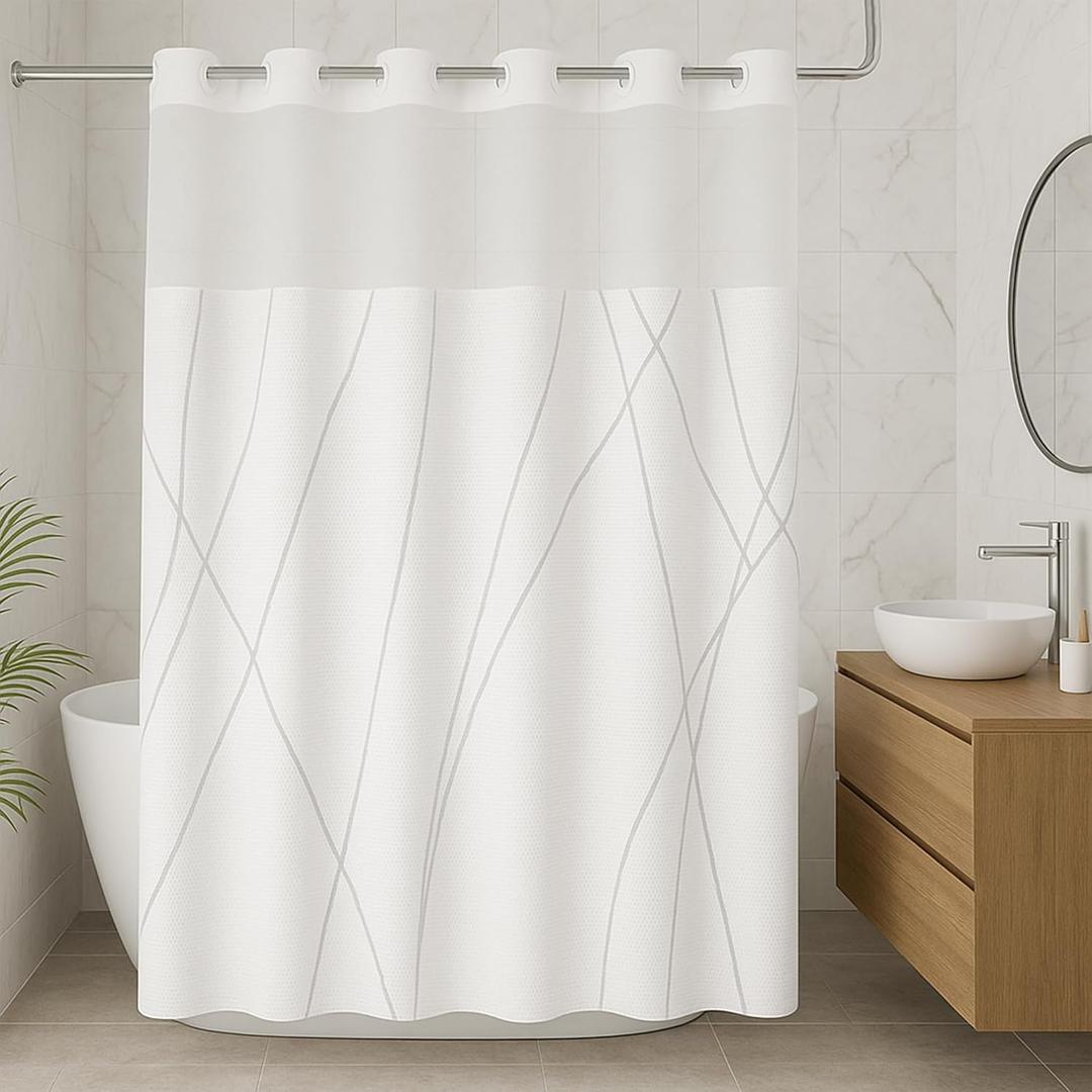 No Hook Shower Curtain with Snap in Liner - Fabric with Mesh Window - No Hook Shower Curtain and Liner Set - White Shower Curtain Liner for Bathroom - 71 x 74 inches
