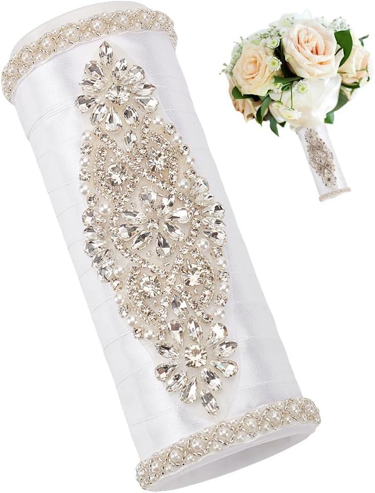 BENECREAT Bouquet Holder, 2 Inch Champagne Royal Satin Wedding Bridal Bouquet Handle Set with Rhinestones, Fresh Flower Artificial Flower Bouquet Holder, Cylinder Bouquet Decor