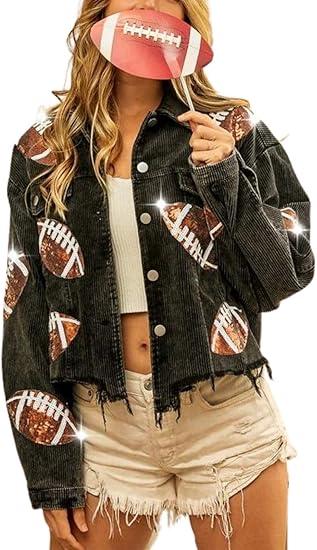 happlan Football Sequin Embroidery Rugby Cropped Frayed Hem Vintage Washed Corduroy Jacket Coat Shacket for Women, Size small