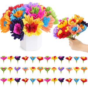 Ctosree 36 Pcs Mexican Artificial Rainbow Crepe Paper Flowers Bunch with Stems Mexican Fiesta Assorted Paper Flowers Fiesta Centerpieces for Dia De Los Muertos Decor (Bright)