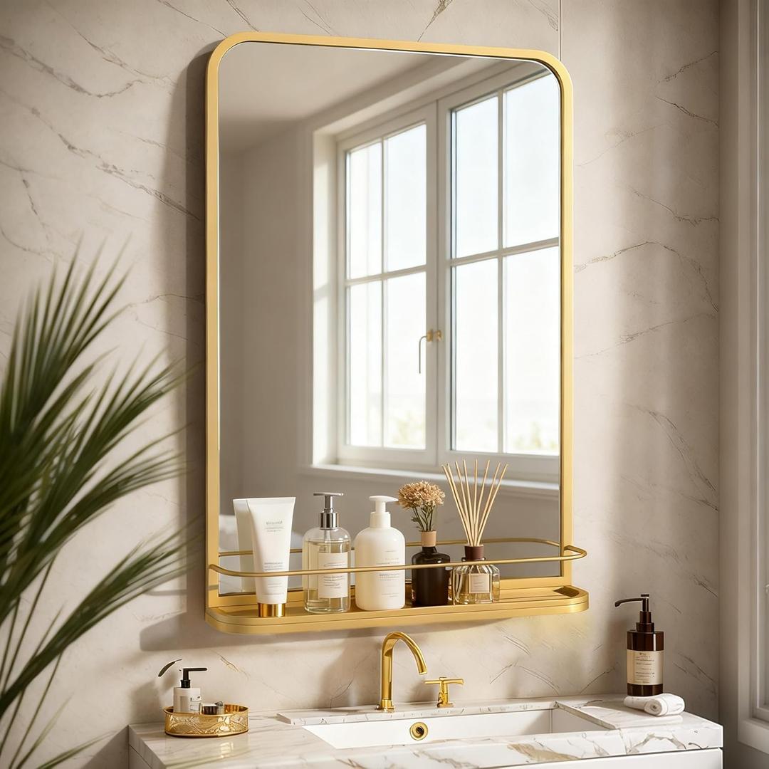 Bathroom Mirror with Shelf for Shaving, 15.7x23.6 Inch Wall-Mounted Rectangle Metal Mirror with Storage, Matte Black Vanity Mirror with Rounded Corners for Over Sink, Decor(Gold/15.7x23.6 in)