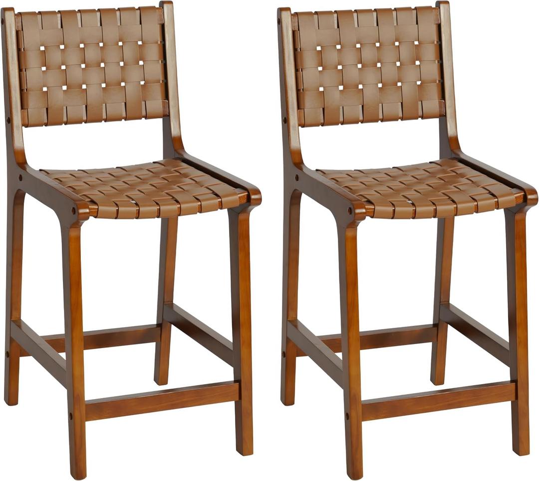 CangLong Bar Stool Set of 2, Counter Stool with PU Leather Woven Straps Seat & Back, Wooden Frame Bar Chair 24" Seat Height for Kitchen Island & Pub, Walnut+Brown