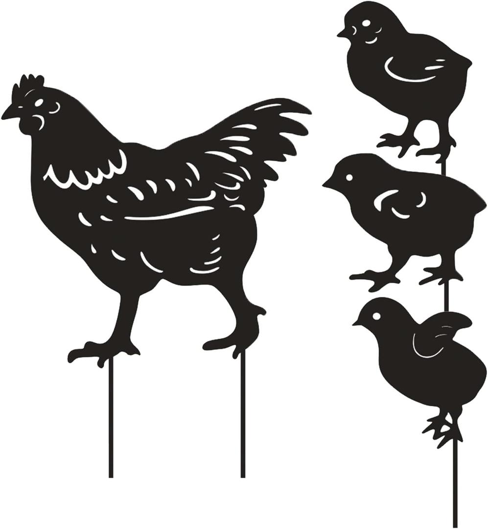 4 Pack Chicken Garden Decorative Statues, Metal Hen and Chicks Silhouette Garden Stakes, Ideal Yard, Garden, Lawn Decor, Animal Outdoor Decorations