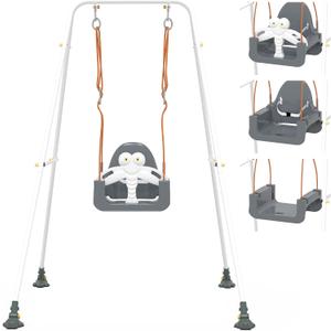 3-in-1 Toddler Swing Set, Baby Swing with Safety Belt, Indoor/Outdoor, Easy to Assemble Kids Swing Seat with Sturdy Metal Stand for Playground, Backyard and Nursery, Gray White