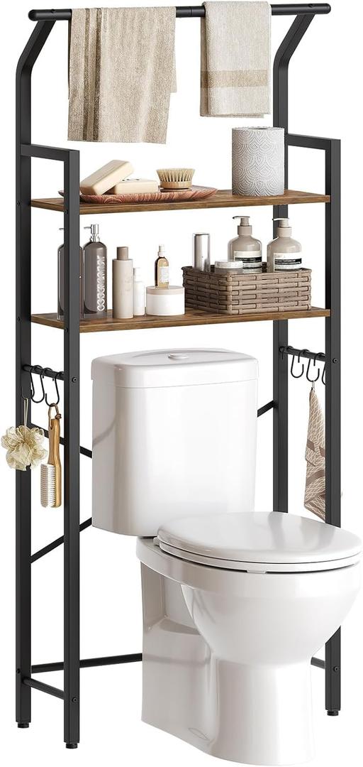 2-Tier Over The Toilet Storage, Multifunctional Vertical Over Toilet Bathroom Organizer, Freestanding Bathroom Storage Shelves with Hooks, Bathroom Organizer, Rustic Brown and Black TR01BR