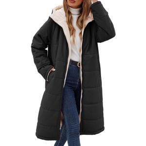 Yusongirl Womens Winter Long Coats Trendy Puffer Jacket Sherpa Fleece Lined Down Coat Long Sleeve Parka Oversized with Hood (Large, Black)