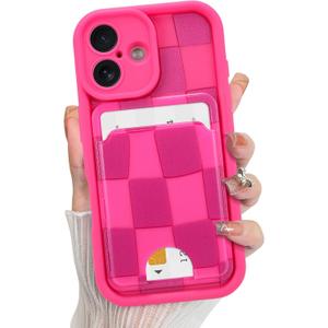 KANGHAR Compatible with iPhone 17 Case 2025, Wallet Silicone Checkered Cute Pattern, Card Holder Camera Protection Soft Slim Shockproof Edge Cover for Girls Women -Hot Pink