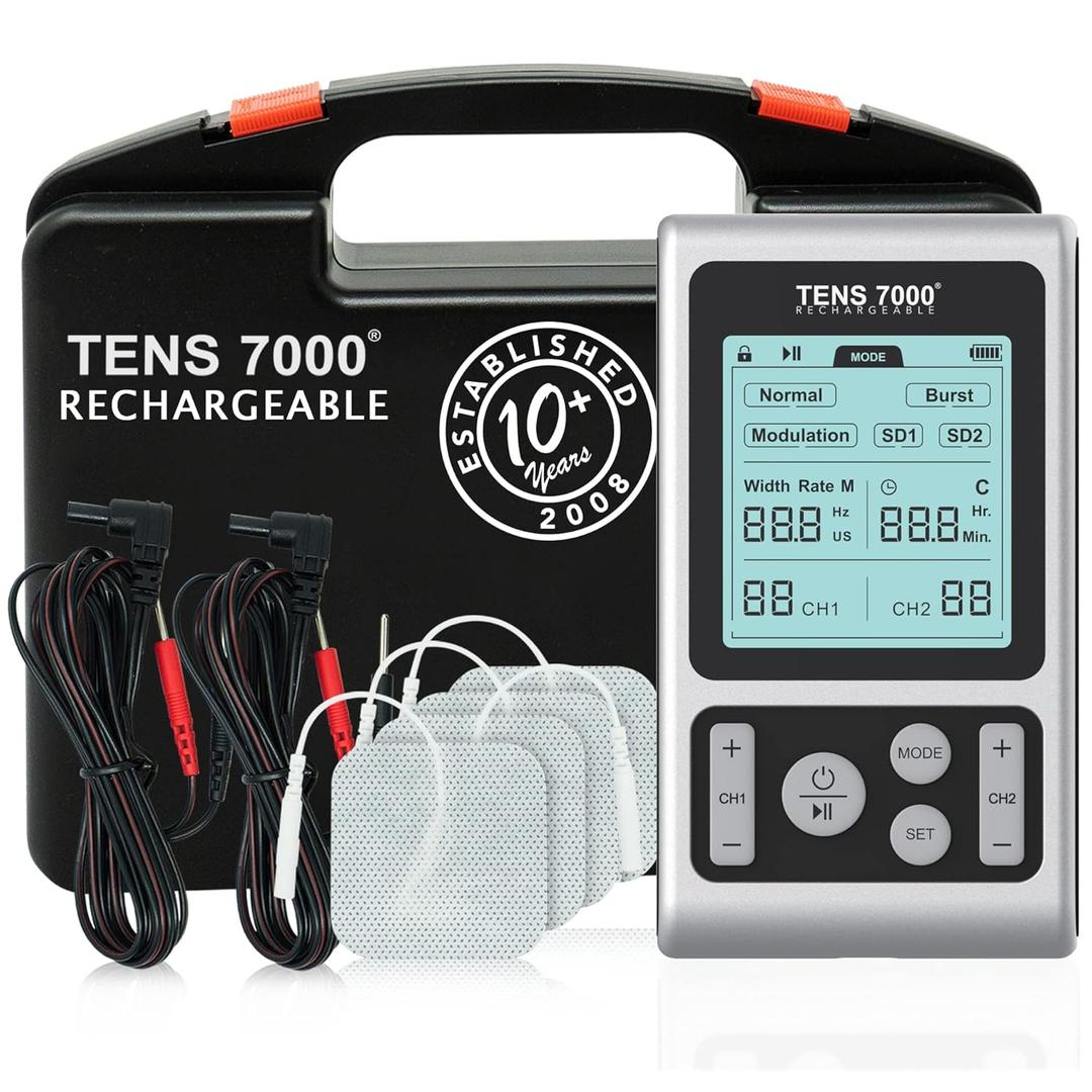 TENS 7000 Rechargeable TENS Unit Muscle Stimulator and Pain Relief Device - Advanced TENS Machine for Effective Back Pain Relief, Nerve Pain Relief, Muscle Pain Relief (4 Electrodes)