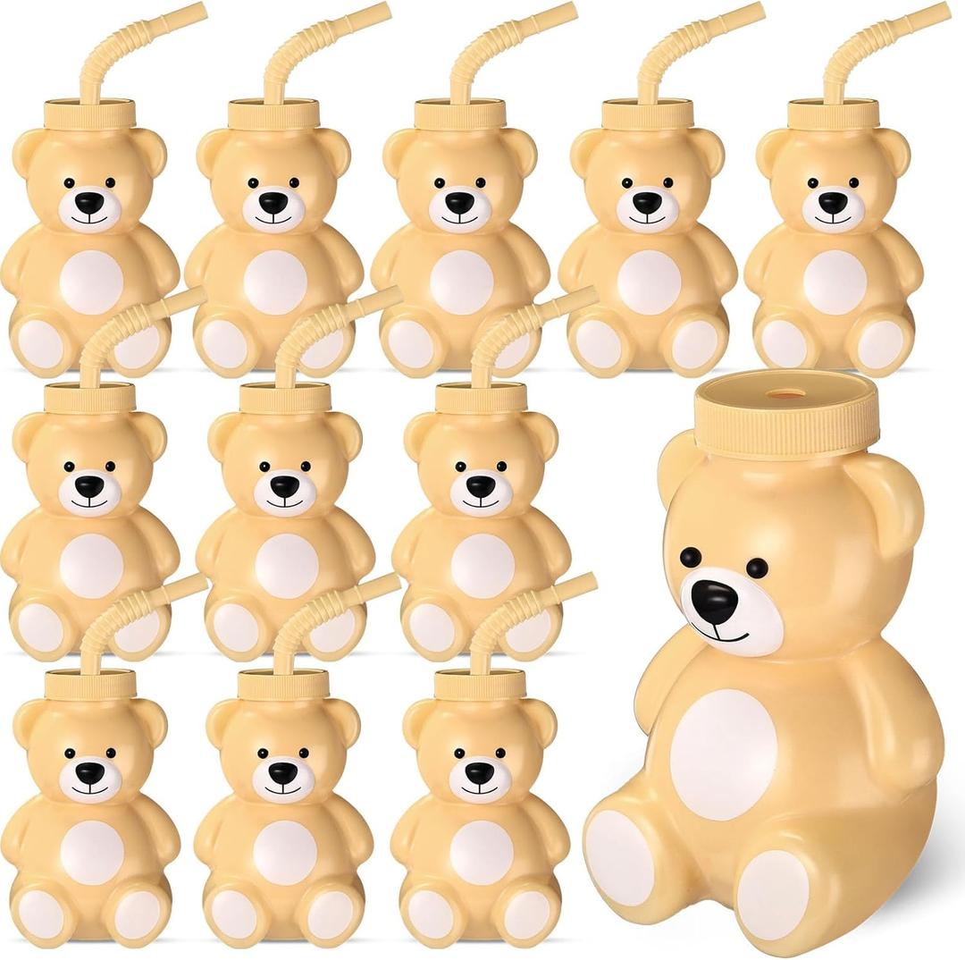 Maxdot 12 Pcs Bear Cups with Straws and Lids, 10 oz Plastic Bear Shape Cup Reusable Creative Cups Bulk for Baby Shower Kids Birthday Wedding Party Favors(Light Brown)