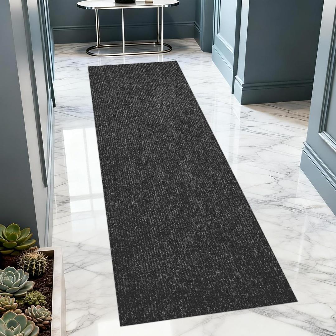 2x10 ft Outdoor Runner Rug, Non-Slip Indoor Outdoor Carpet Runner with TPR Backing, Waterproof Mat for Hallway, Kitchen, Patio, Garage, Deck, Entryway, Black Fine Stripes
