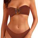 ZAFUL Women's Bandeau Bikini Sets Buckle Strapless Lace Up High Cut 2 Piece Swimsuit Solid Bathing Suit (Large)
