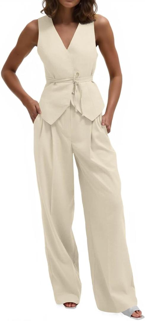 Cicy Bell Women's 2 Piece Outfits Sleeveless Tie Waist Suit Vest and Wide Leg Pants Business Casual Blazer Sets (XX-Large, Apricot)