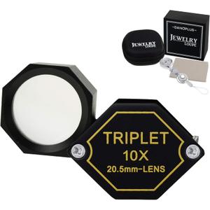 10x Magnifier Jewelry Loupe 20.5mm Triplet Lens Optical Glass Pocket Gem Magnifying Tool for Jeweler, Stamp Philatelist, Coin Numismatic, Achromatic Black Hexagonal Design Kit Set