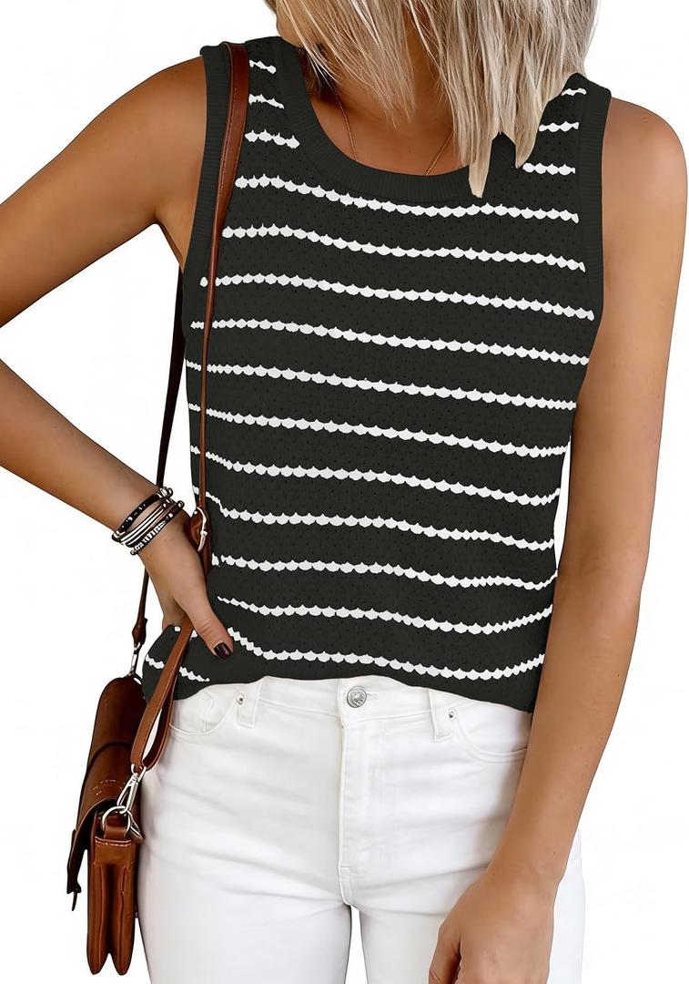 NALANISA Women's Trendy Tank Tops 2026 Crochet Summer Spring Striped Sweater Vest Casual Loose Sleeveless Knit Shirts Clothes (Black, L)