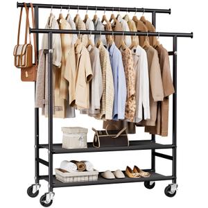 HYSEYY Clothes Rack, Double Rods Rolling Clothing Rack for Hanging Clothes, Portable Garment Rack with Wheels, Coat Rack Wardrobe Closet Load 380 LBS for Bedroom Laundry Room, Black