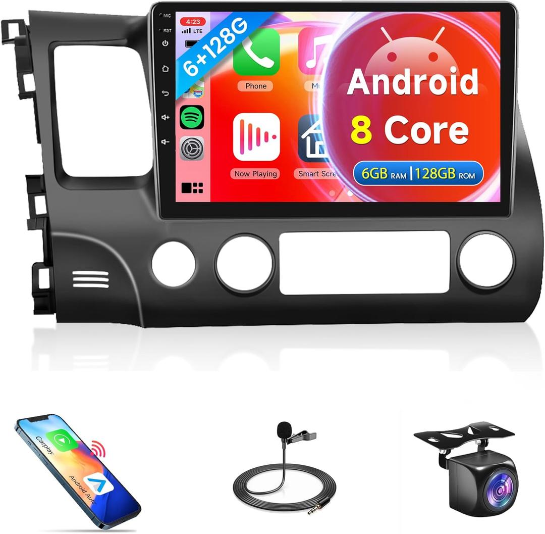 8 Core 6G+128G CAR Radio for Honda Civic 2006-2011, Rimoody Car Stereo with Wireless Carplay and Android Auto Mirror Link Android 13 GPS WiFi DSP10.1 Inch Touchscreen BT FM/RDS EQ SWC Backup Camera