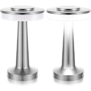 Riakrum Set of 2 LED Portable Cordless Table Lamp with Touch Sensor 3 Color Stepless Dimming Rechargeable Battery up to 15 Hours Cordless Table Light Wireless Lamp for Nursery(Silver)