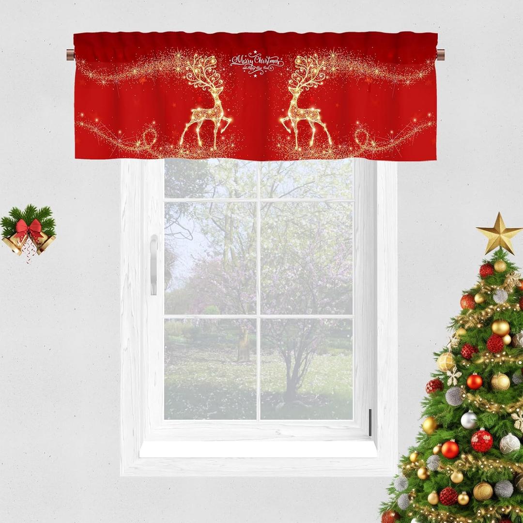 YOSTEV Valance Curtains for Kitchen Windows, Red Sparkle Reindeer Snowflake Christmas Velvet Window Valances, Winter Window Treatment Rod Pocket Valance for Bedroom Bathroom Cafe Room 52x18 inch (Xms 2401)