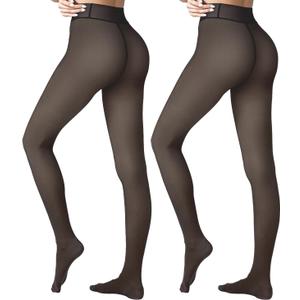 Caprilite 2 Pairs Women Fleece Lined Tights-Fake Translucent Leggings High Waist Pantyhose Sheer Thick Warm Tights For Women (Small, Invisible Crotch-black+black)