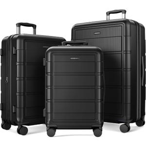 SHOWKOO Luggage Sets Expandable 100% PC Durable Suitcase Double Wheels TSA Lock Black, 20in/24in/28in