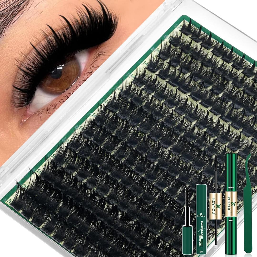 KEYYOU Manga Lash Clusters Kit StarrlNight 200D Wet Lash Look Anime Lash Clusters with Clusters Lash Glue 12-20mm Wispy Fairy Fluffy Individual Lashes Kit for Cosplay Daily Makeup DIY at Home