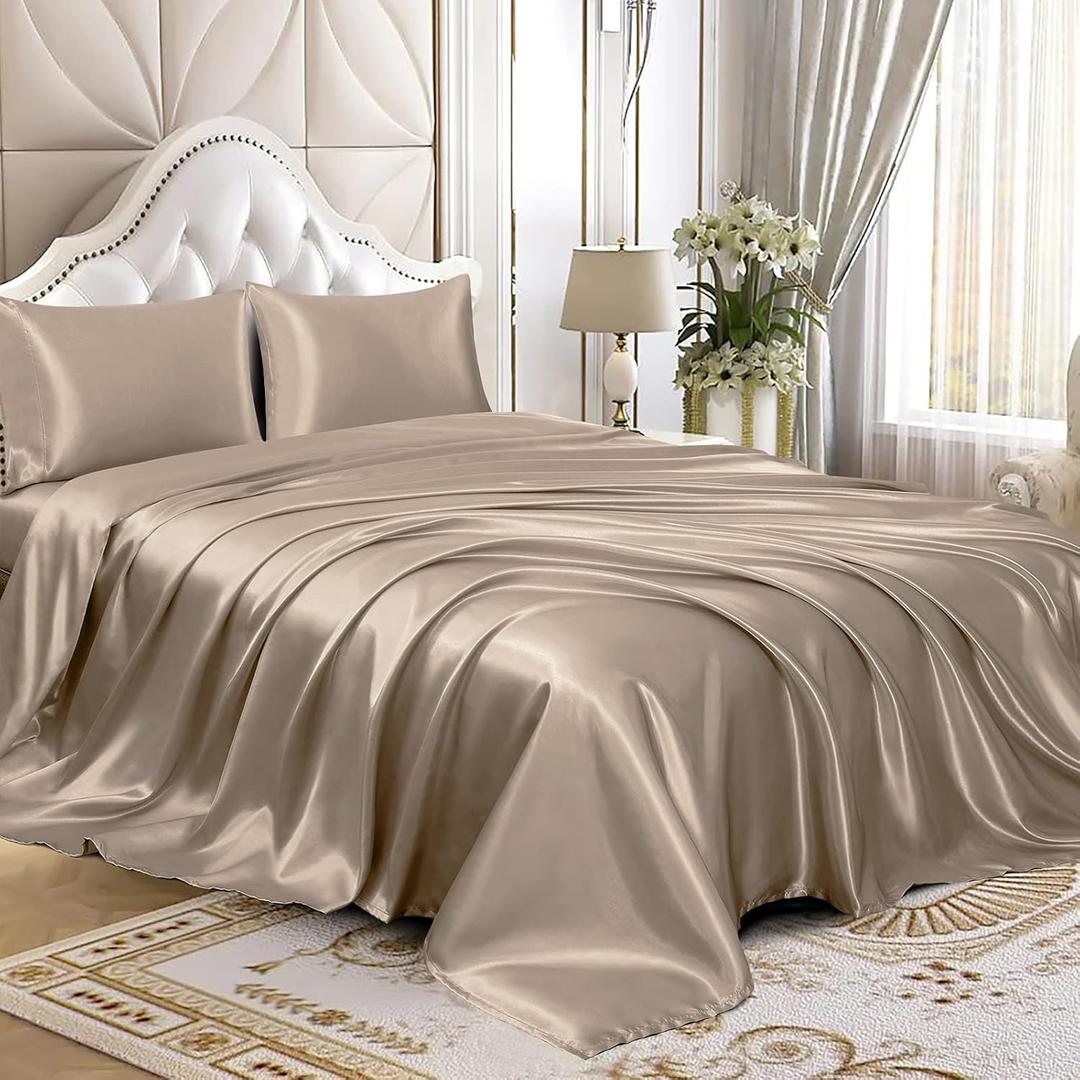 Homiest 4pcs Satin Sheets Set Luxury Silky Satin Bedding Set with Deep Pocket, 1 Fitted Sheet + 1 Flat Sheet + 2 Pillowcases (Queen Size, Taupe)