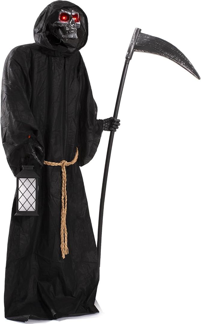 Halloween Animatronics 6ft Grim Reaper, 72inch Animated Skeleton Decoration with Sensor Activated, Creepy Voice, Spooky Skull Head, Light Up Eyes, Haunted Scary Move Horror Prop for Indoor, Outdoor