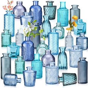 Yaomiao 30 Pcs Vases Bulk Colored Flower Glass Christmas Vases Bud Vintage Colored Glass Bottles Colorful Rustic Embossed for Home Wedding Table Decorations Gifts(Blue Series)
