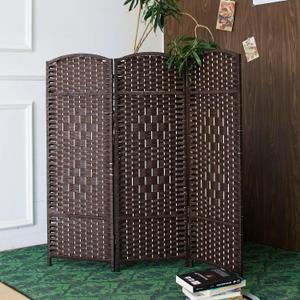 Furnnylane 3 Panel Rattan Divider Short Room Partition Screen, Double Sided Folding Divider for Room Separation, Dark Brown, 47.2" H x 47.2" W