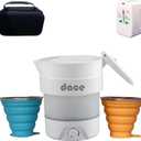 Portable Foldable Electric Travel Kettle, 800ML/27oz, White with Two Folding Cups, 110V & 220V Dual Voltage, Food Grade Silicon, Universal Travel Adaptor for US/EU/AUS and Case