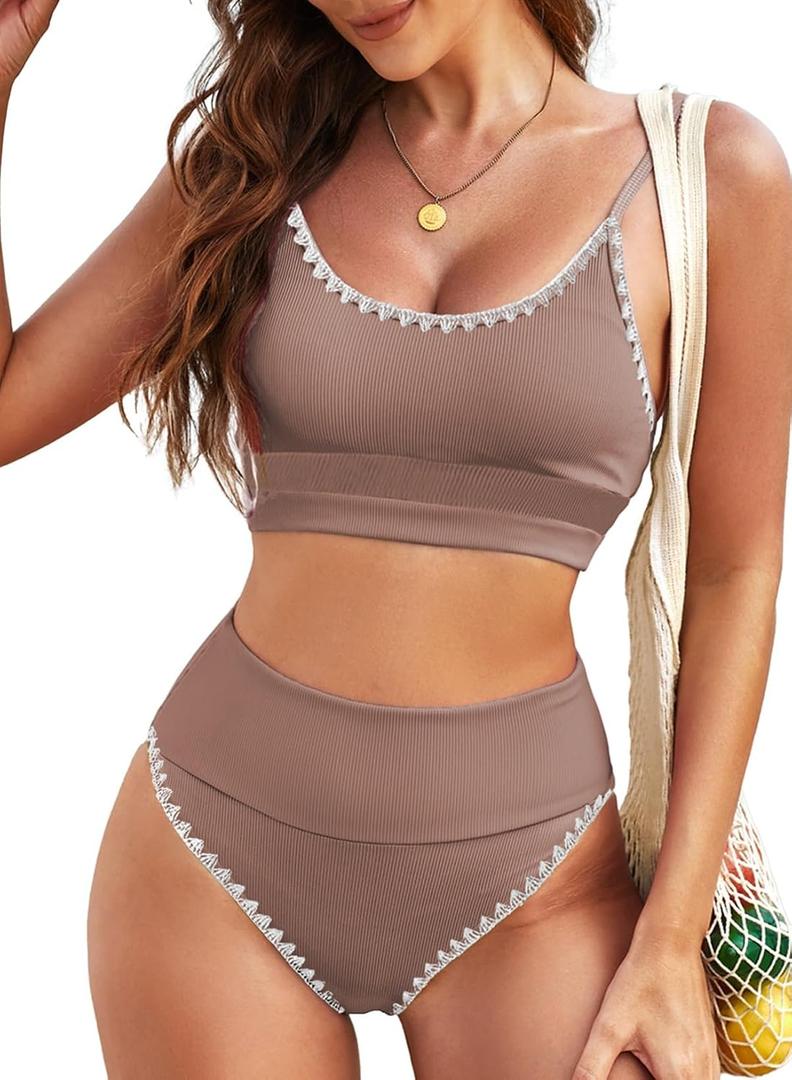 Herseas Womem 2 Piece High Waisted Bikini Sets Color Block Popular Swimsuits 2026 Summer Beach Swim Best Bathing Suits Large