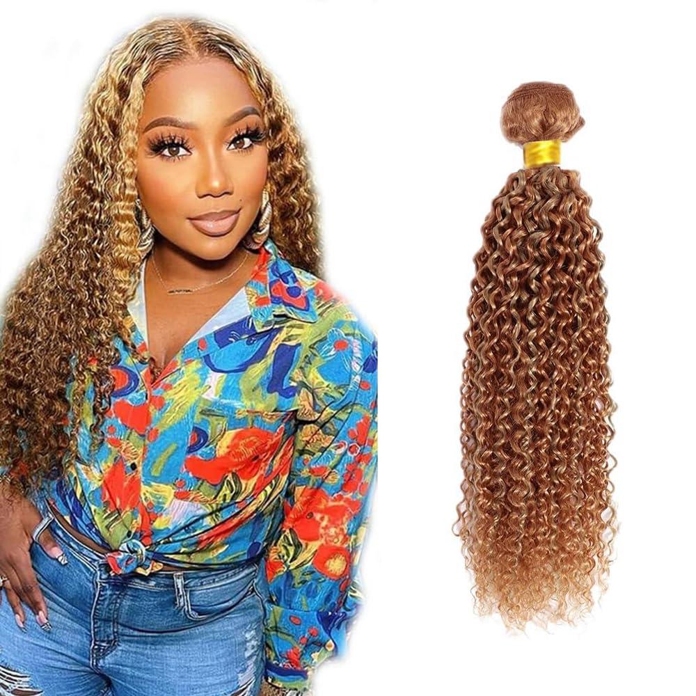 Curly Wave Bundles Human Hair 30 Inch Color 27/30 Honey Blonde Brown Highlight Single Bundle Brazilian Virgin Human Hair Bundles Kinky Curly Wave 100g Per 1 Bundle Hair Extensions For Black Woman