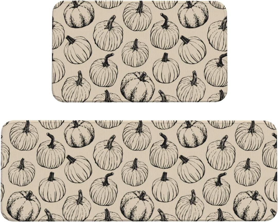 Fall Kitchen Mats Set of 2 Black Cream Pumpkin Autumn Harvest Thanksgiving Holiday Kitchen Rugs for Floor Home Decor Bathroom Laundry Room Doorway Decoration Absorbent Mats,17x29 and 17x47 Inch