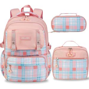 Girls Backpack with Lunch Box, Cute School Backpack for Kids Teen Elementary, Large Capacity Kids Bookbag 3 Pcs Set (Pink Grid)