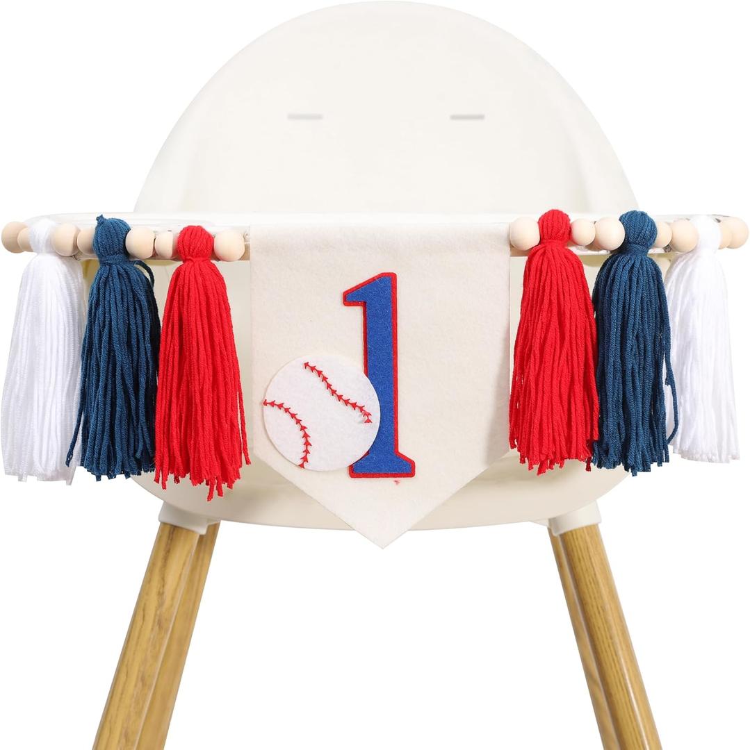 Baseball First Birthday Tassel High Chair Banner - Blue, 8x12 inches, Standard Banner with Clip Mount, Decor for Indoor Birthday Parties