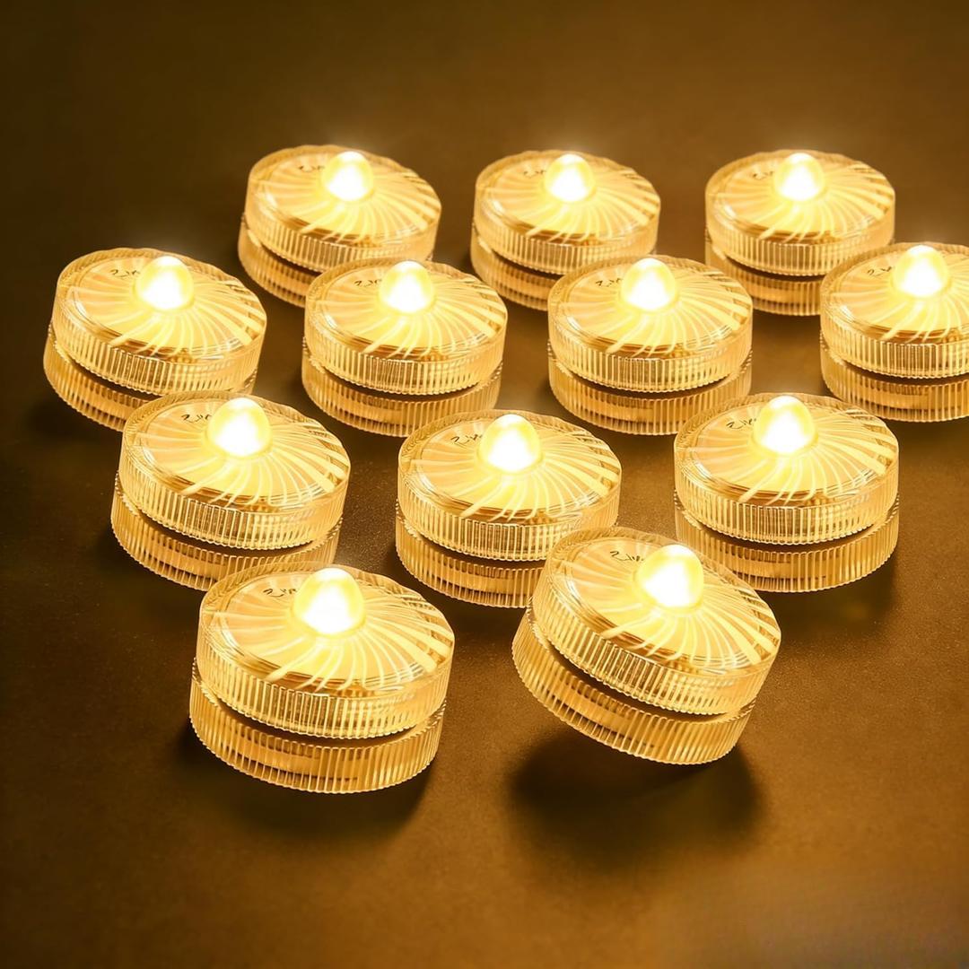 HL Submersible LED Light,Amber Mini LED Light,100 Hours Waterproof Flameless Led Lights Battery Powered for Wedding Home Vase Festival Party Decoration 12pcs (Built-in 24 Batteries) (12pack, Yellow)