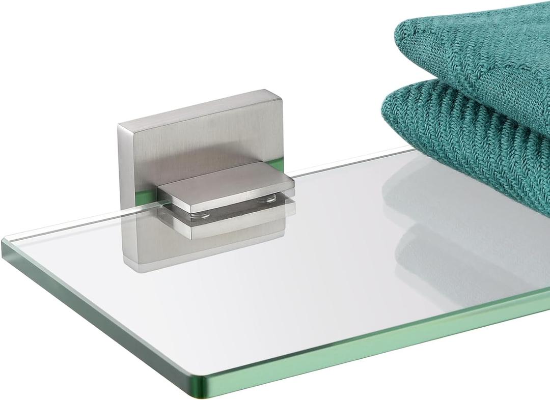KOKOSIRI Wall Shelves Floating Bathroom Glass Shelf for Kitchen Storage, 16'' x 5.6'' Tempered Glass Wall Mounted Brushed Stainless Steel B1106BR-L16