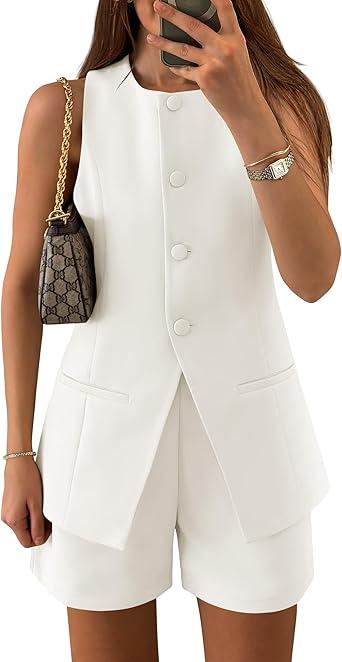 ZESICA Women's 2025 Summer 2 Piece Short Sets Sleeveless Crew Neck Suit Vest Tops High Waist Shorts Business Outfits S