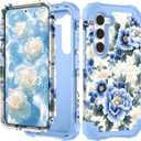 PIXIU Unique Flower Pattern Compatible with Samsung Galaxy S23 Plus case,Heavy Duty Dual Layer Shockproof Full-Body Protective Sturdy Hybrid Cute Rugged Case for Women,Girls,Kids-Blue Peony (A17)